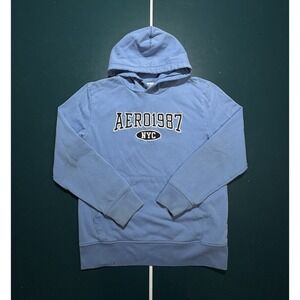 Aeropostale 1987 Pullover Hoodie Sweatshirt Men's Medium Light‎ Blue Embroidered